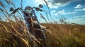 vintage motorcycle stands in a breezy grassland generative ai