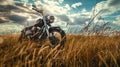 vintage motorcycle stands in a breezy grassland generative ai