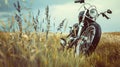 vintage motorcycle stands in a breezy grassland generative ai