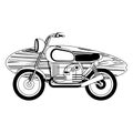 Vintage motorcycle with surf tables cartoon in black and white