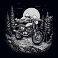 Vintage Motorcycle T-shirt With Moonlit Forest And Mountains