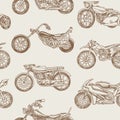 Vintage motorcycles Seamless Pattern. Bicycle Background. Extreme Biker Transport. Retro Old Style. Hand drawn Engraved Royalty Free Stock Photo