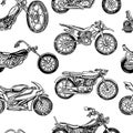 Vintage motorcycles Seamless Pattern. Bicycle Background. Extreme Biker Transport. Retro Old Style. Hand drawn Engraved Royalty Free Stock Photo