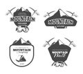 Vintage mountain camping, mountaineering vector emblems, labels, badges, logos set