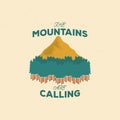 Vintage mountain emblem, graphic color emblem with mountain and forest silhouette in grunge style