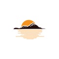 Vintage mountain emblems with sunrise and lake