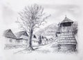 Vintage mountain oldtime willage with wooden houses and belfry, pencil drawing on papier.