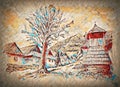 Vintage mountain oldtime willage with wooden houses and belfry, pencil drawing on papier