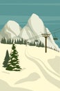 Vintage Mountain winter resort Alps with sci lift. Snow landscape peaks, slopes. Travel retro poster Royalty Free Stock Photo