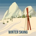 Vintage Mountain winter resort Alps, with wooden old fashioned skis and poles. Snow landscape peaks, slopes. Travel