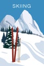 Vintage Mountain winter resort Alps, with wooden old fashioned skis and poles. Snow landscape peaks, slopes. Travel