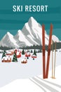 Vintage Mountain winter resort Alps, with wooden old fashioned skis and poles. Snow landscape peaks, slopes. Travel