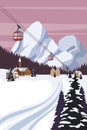 Vintage Mountain winter resort village Alps, Switzerland. Snow landscape peaks, slopes with red gondola lift. Travel Royalty Free Stock Photo