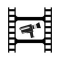 Vintage movie camera and film strip logo design template. Camera and film strip on white background. Vector illustration Royalty Free Stock Photo