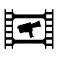 Vintage movie camera and film strip logo design template. Camera and film strip on white background. Vector illustration Royalty Free Stock Photo