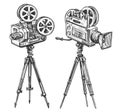 Vintage movie camera sketch. TV, film industry, cinema concept. Hand drawn retro video projector vector illustration Royalty Free Stock Photo