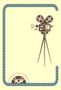 Vintage movie projector or camcorder on tripod with film strip. Cinema movie festival poster. Cinema background with place Royalty Free Stock Photo