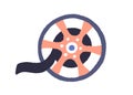 Vintage movie reel with black film. Retro cinema bobbin with filmstrip. Tape rolled on spool. Video production concept