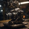 Vintage Multi-Lens Camera Apparatus in Atmospheric Workshop Setting