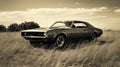 Vintage Muscle Car In Sepia Tone: Classic Beauty In A Field