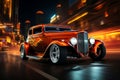 vintage muscle car in the street by night, AI generated