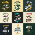 Vintage muscle, roadster, hot rod and classic car vector t-shirt logo isolated set Royalty Free Stock Photo