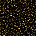 Vintage music decorative notes seamless pattern. Gradient golden colors simbols on black background. Abstract vector texture