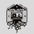 Vintage music emblem . Octopus tentacles and audio cassette. Night party retro icon. Dance festival template.