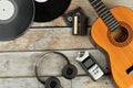 Vintage music equipment on wooden boards.