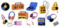 Vintage music player. Retro analog audio devices cassette vinyl turntable record wireless radio headphones, nostalgic