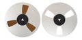 Vintage Music and sound - Two closeup Aluminum reel Magnetic tapes isolated