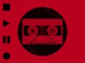 Vintage music tape and swirl circular border on red background