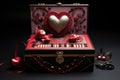 A vintage musical box featuring a heart-shaped accent on top, creating a charming and nostalgic ambiance, A Valentine