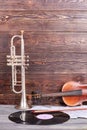 Vintage musical instruments on wooden background.
