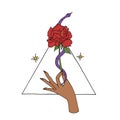 Vintage Mystic hand holding rose with a snake coiled around the flower with triangle on background