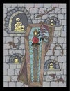 Vintage colorful illustration with vampire coffin against background of old medieval stone wall