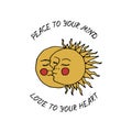 Vintage Mystic Kissing Sun and Moon Illustration with Lettering Royalty Free Stock Photo