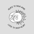 Vintage Mystic Kissing Sun and Moon Illustration with Lettering Royalty Free Stock Photo