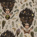 Vintage mystic witch seamless pattern, Magic witchcraft, Green witch texture