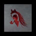 Vintage mystical horse in scarlet colors on black background. Burgundy silk drape like blood.