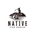 Vintage native hunter logo with a man aiming fish illustration vector Royalty Free Stock Photo