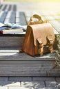 vintage natural leather backpack and books on gray rustic wooden stairs Royalty Free Stock Photo