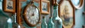 Vintage nautical clock with glass bottles and ship paintings on rustic wall Royalty Free Stock Photo