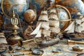 Vintage Nautical Exploration Theme with Antique World Globes, Model Ship, and Navigation Tools Royalty Free Stock Photo