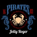 Vintage Nautical Labels Or Design Elements With Retro Elements And Typography. Pirates, Harpoons, Mermaid, Sailfish, Etc