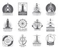 Vintage nautical labels with light house, sea boat and anchors. Old navy logos set Royalty Free Stock Photo