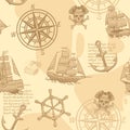 Vintage Nautical Seamless Pattern. Hand Drawing Marine Old Sketch Adventure Travel Manuscript Wallpaper Vector Texture