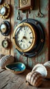 Vintage nautical wall clock with seashells and rustic decor on weathered wood Royalty Free Stock Photo