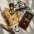 Vintage navigation items on a beige cloth backdrop. Includes an open brass compass Royalty Free Stock Photo