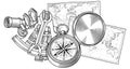 Vintage navigation tools including a compass sextant telescope and old world map with antique drafting instruments Royalty Free Stock Photo